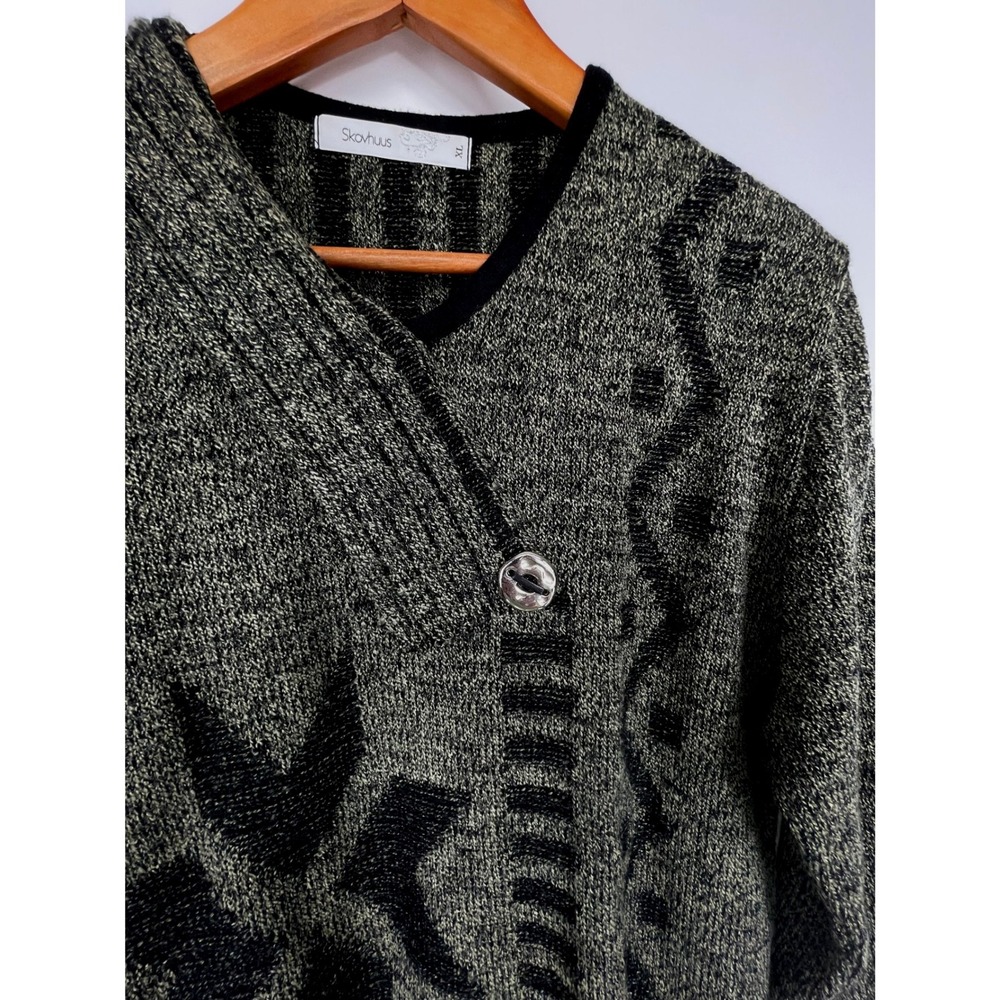 Skovhuus Women Sweater XL Knit Green Black Geometric Nordic V-Neck Cozy Chic - Picture 5 of 9
